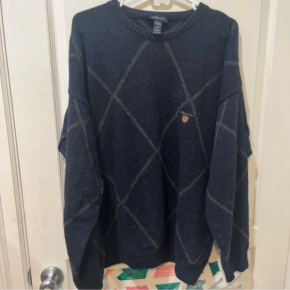 Gant Xl 100% Merino Wool Logo Crest Blue Sweater W Design - Picture 1 of 9